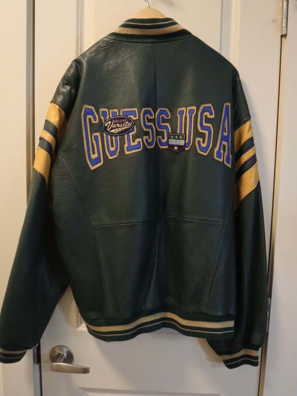 Vintage GUESS Leather Varsity Bomber Jacket Size XL Rare - Picture 2 of 13